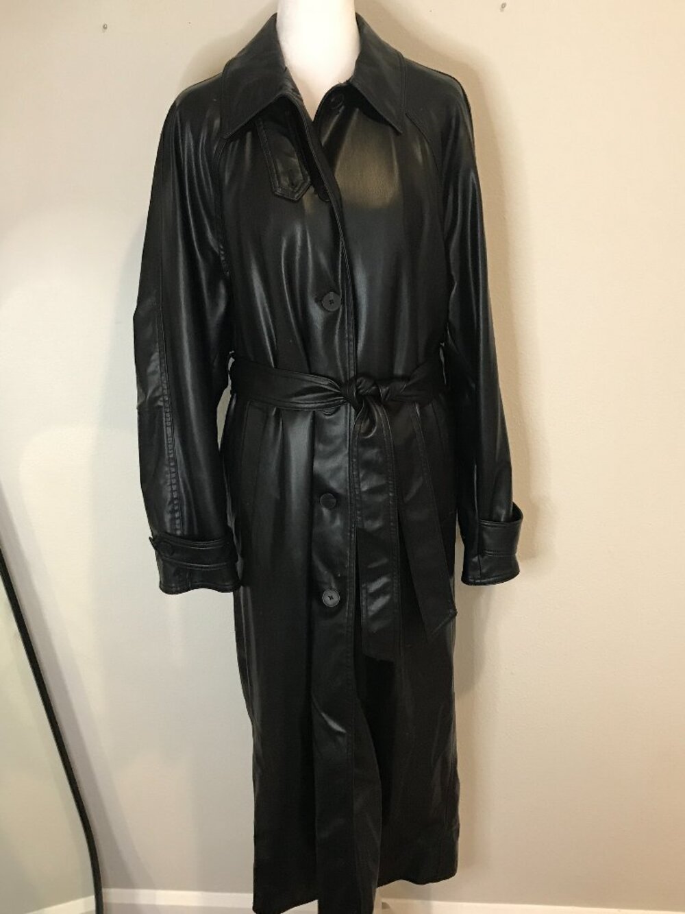 Zara Black Faux Leather Long Belted Trench Coat